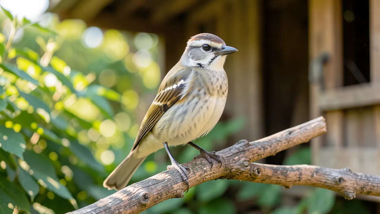 Een gezonde vogel met veren zit rustig op een houten tak, met een zachte onscherpe achtergrond van groene bladeren en een warme, natuurlijke belichting.
